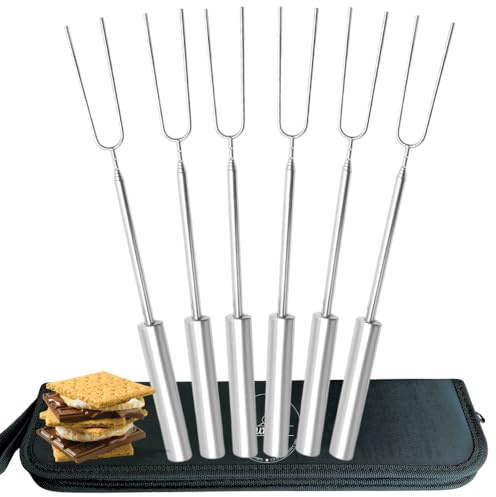Smores Sticks For Fire Pit [All-Stainless Steel Set Of 6] -Marshmallow Roasting Sticks For Campfire, Telescoping S'mores Forks -Long Hot Dog Sticks [Dishwasher-Safe] - SUMPRI Campfire Skewers