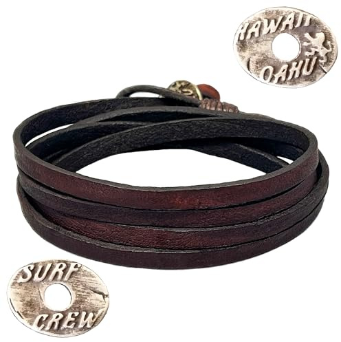 LOCAL LEAGUE Läderarmband 'SURF CREW HAWAII' - för män och kvinnor, pojkar - flerskiktsdesign, justerbart och lindas upp till 5 varv, max. längd 95 cm (Brun - 5 mm)