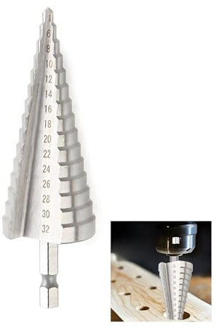 Broca Escalonada 4-32mm HSS Con 15 Niveles Para Perforaciones De Múltiples Diámetros Con Una Sola Herramienta, broca escalonada metal 4-32mm Para Metal Plástico Madera PVC Con Vástago Hexagonal 6.35mm