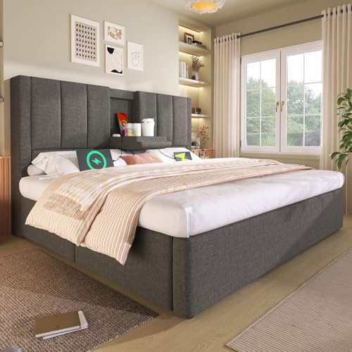 KOMHTOM Lit Hydraulique Moderne, Lit Rembourré Tête de lit équipée de Porte-gobelets Dissimulés et de Ports de Charge USB/Type-C, Sommier à Lattes(sans Matelas) (Gris, 180 x 200cm)