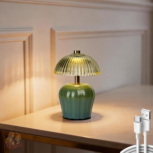MJ PREMIER Wiederaufladbare Tischlampe Kabellose Pilz Nachttischlampe | Miniatur-Glas-Pilz-Lampenschirm kleine Tischlampe mit Timer, dekorative LED-Leuchte für Schlafzimmer, Wohnzimmer, Regal Grün