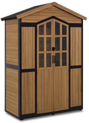 MCombo Gartenschrank Holz Metallgestell, Natur, 2749 | Wetterfest, Wasserdicht, Für Außenbereich,Balkon, Garten & Terrasse,6 Ablagen,73X141X198 CM Groß