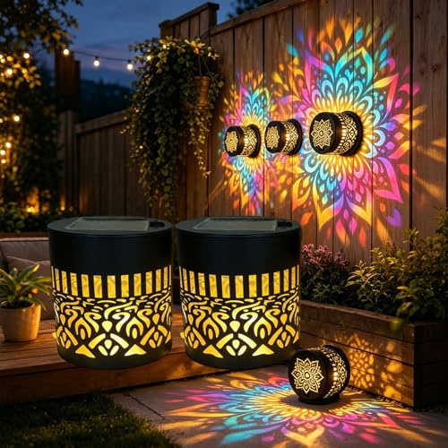 Solar Mandala Wall Light Outdoor Garden Fence Projector Lamp - Waterproof LED Mandala Projection Light for Patio Yard Backyard Decor - 7 Colour Changing Metal Projector Wall Light (2PCS)
