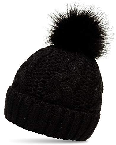 Caspar MU209 Gefütterte Damen Strick Mütze mit tierschutzgerechtem Kunstfell Bommel, Farbe:schwarz, Größe:Einheitsgröße