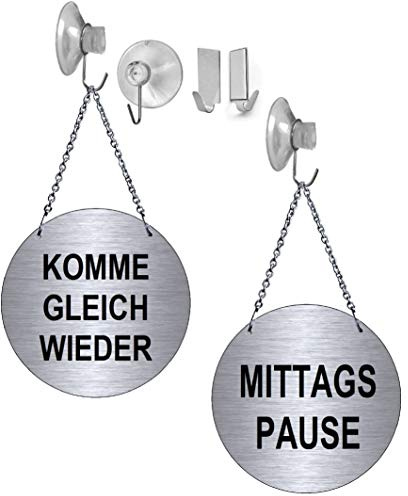 Desi-Schilder Mittagspause-Komme gleich Wieder-Alu.-Edelstahloptik-Wendeschild-Infoschild-Hängeschild-Schild-130 mm Ø-Mit Kettchen (139-15 - mit Saughaken)