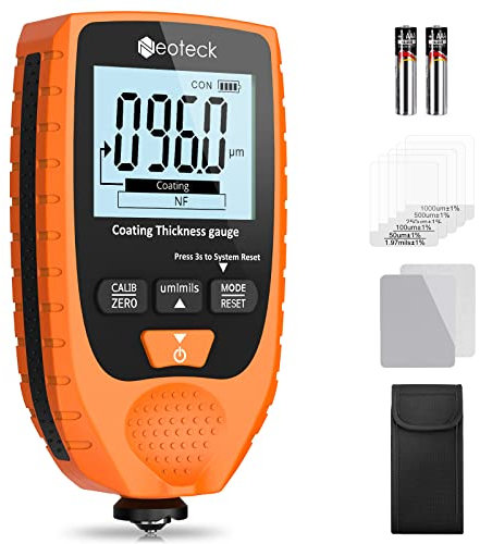 Neoteck Medidor de Espesor 0-1500um Medidor de Espesor de Pintura con Retención Automática de Datos Medidor de Espesor Digital de Revestimiento para Vehículos de Metal Base de Acero/Aluminio -Naranja