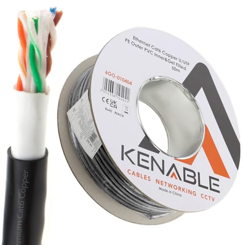 kenable Cable de Red Ethernet CAT6 Exterior Cobre para Enterramiento Directo Relleno de Gel Resistente UV 50m Negro