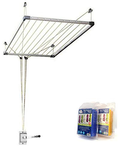 Bricolemar - Tendedero Tezno Techo Aluminio Manivela | Inoxidable |10 Cuerdas - hasta 19 m tendido | Extensible Manivela 100-160 x 78 cm | Interior y Exterior