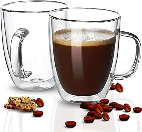 Inoha [350 Ml , 2-Pack] Large Clear Glass Coffee Mugs - Double Wall Insulated Glass Tea Cups with Handle - Latte Cappuccino - Heat Resistant , Dishwasher and Microwave Safe