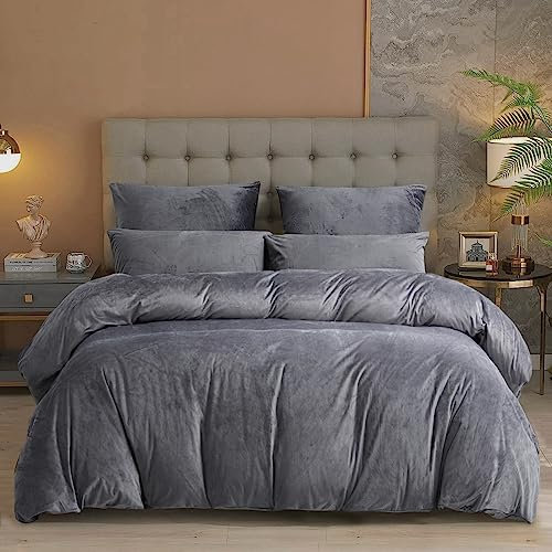 Damier Ropa de cama de invierno cálida de 135 x 200 cm, gris, gris oscuro, tacto cachemir, juego de cama de 2 piezas – 1 funda nórdica de 135 x 200 cm con cremallera y funda de almohada de 80 x 80 cm