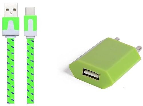 Pack Chargeur pour OnePlus 9 Smartphone Type C (Cable Noodle 1m Chargeur + Prise Secteur USB) Murale Android (Vert)