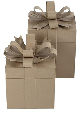 Décopatch BT080C - Set mit 2 viereckigen Geschenkboxen mit Schleife (26x26x27 cm und 26x26x32,5 cm) zum Dekorieren, für Weihnachten, Kartonbraun, 1 Set