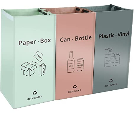 BOMEI PACK Lot de 3 Bacs de Déchets Trieur à Déchets pour Recyclage (Rose - Gris - Vert) - Poubelle pour Extérieur/Intérieur - Papier, Verre, Plastique