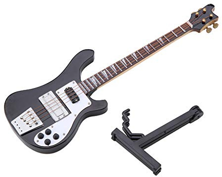 Dekaim Replica di chitarra in miniatura, ornamento di strumento in miniatura, modello di chitarre basso con supporto, per miniatura Dollhouse modello decorazione domestica (nero)