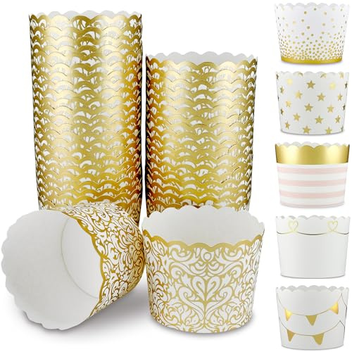 Frau WUNDERVoll® 100 Muffin Backformen, weiß gold Ornament/Barock, Durchmesser 6,1 cm/Muffins Muffinbackform Muffinform Form Backförmchen Cupcake Formen Förmchen Papier Cupcakeformen