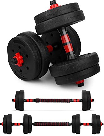 wuuhoo® Set d'Haltères Berti – Ensemble de 2 pièces, Avec des Disques et 2 barres, 10-30kg, Set d'haltères en synthétique 30mm, avec verrouillages étoile – 15kg - rouge