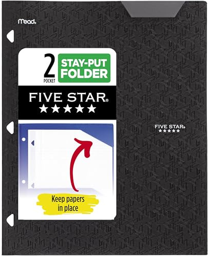Five Star 333420G-ECM Ordner mit 2 Fächern, Kunststoffordner mit Stay-Put-Tabs und Zinkenverschlüssen, passend für 3-Ring-Ordner, hält 21,6 x 27,9 cm Papier, beschreibbares Etikett, Schwarz