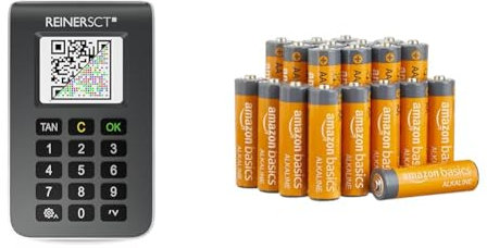 REINER SCT tanJack Photo QR I Chip chipTAN-Tan Generator für Online Banking & Amazon Basics AA-Alkalibatterien, leistungsstark, 1,5 V, 20 Stück (Aussehen kann variieren)