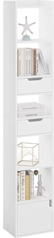 WOLTU Bücherregal Bücherschrank Standregal Aufbewahrungsregal Büroregal, mit 6 Ablagen 2 Schubladen 1 Tür, aus Holzwerkstoff, für Wohnzimmer Schlafzimmer Büro, Weiß, SK042ws