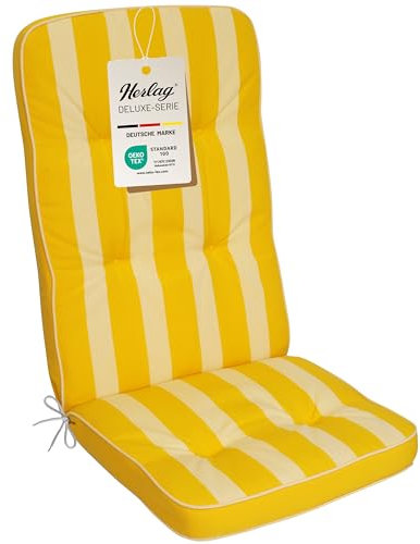 Herlag Hochlehner-Polsterauflage Tilly 123x50x7cm | Stuhlauflage Blockstreifen 7cm | Auflage Hochlehner-Gartenstuhl | Deluxe-Serie extra hoher Komfort | Öko Tex 100 | Gelb-Gestreift