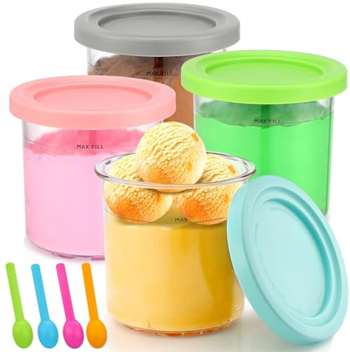 Eisbehälter Dessert Tubs, 4 Stück Ninja Creami BehäLter, Eiscreme Behälter mit Deckel und 4 Löffeln, für Ninja Creami, Eiscremebehälter, Spülmaschinenfest, Genießen Sie Gelato, Sorbets, Milchshakes