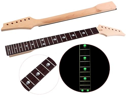 LVYUDS Dreieck Schäfte Kopf Gitarrenhals, Glühen in Der Dunkelheit Totenkopf Intarsien Griffbrett, 24 Bünde 27 Zoll E-Gitarrenhals, Diy Gitarre Bass Zubehör Ersatz