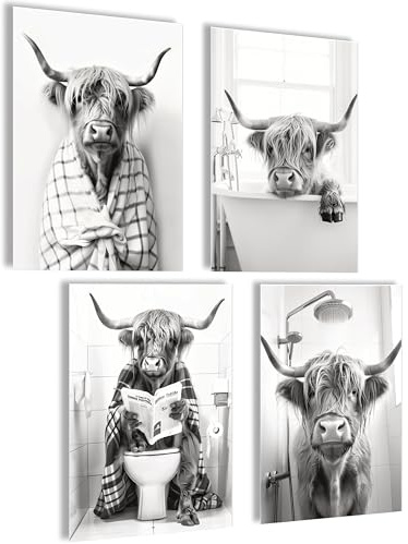 mojoliving Bilder Badezimmer Bilder Gäste WC Schild Poster Bild Toilette WC Deko Badezimmer Deko Bad Poster Hochlandrind auf Toilette und im Bad