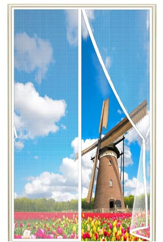 Fliegengitter Insektenschutz Schiebetür, 325x230cm Rechten Linken Öffnungs mit Heavy Duty Mesh & Full Frame Klettverschluss Automatisch Verschließen, Weiß 1995-Größe