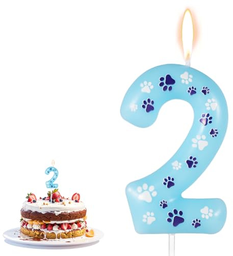 Geburtstag Zahl Kerze mit Pfotenabdruck, 10,5x4cm Zahlenkerzen für Torte Hunde Katzen Kerzen Geburtstag für Haustier Blau Kerze für Geburtstagskuchen Haustier Partydeko (Nummer 2)