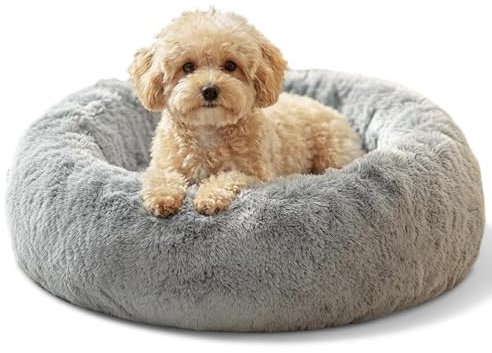 JOLLYVOGUE Small Dog Bed, Calming Dog Beds for Small Dogs & Indoor Cats - 20 Inches Donut Washable Cat Bed for Kittens & Puppies, Round Fluffy Plush Faux Fur Pet Beds(Smoke Grey)