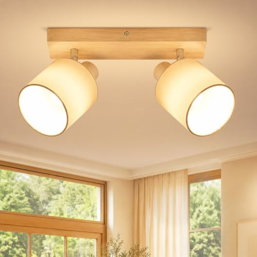 Lichtmaler Deckenlampe Holz Deckenstrahler 2 Flammig Deckenspot Drehbar | Deckenleuchte Flur E14 Flurlampe Innen Schwenkbar 350° Retro für Küche Schlafzimmer MAX 25W (Ohne Leuchtmittel)