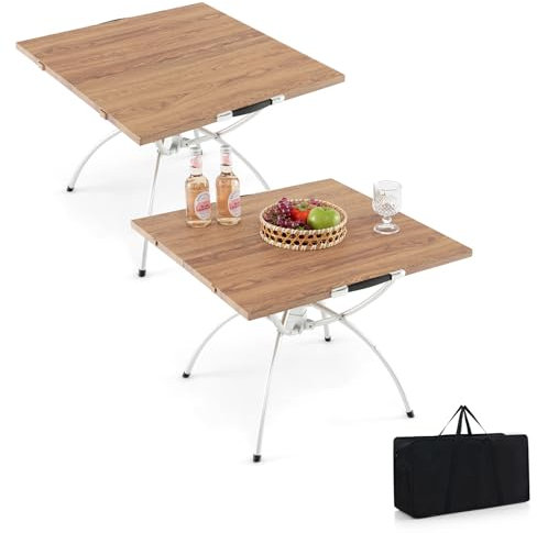 SPOTRAVEL 2 Pack Folding Camping Table, Extendable Aluminum Picnic Tables with Wood Grain Finished Tabletop & Carry Bag, Portable Lightweight Outdoor Table for Beach Yard BBQ