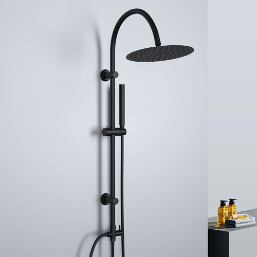 Görbach Colonna Doccia idromassaggio Colonna Doccia Acciaio Inox Senza Miscelatore Fori Muro Regolabili Doccia Colonna Con Soffione e Doccetta, asta doccia a forma di U, D25cm Nero