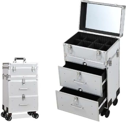 JUNYFFF Kosmetikkoffer Trolley, Schminkkoffer 2 Schubladen, Friseurkoffer Groß, Make-Up Koffer, 63 X 35.5 X 23.5 Cm, Rollen 360° Drehbar, Reisen, Friseure, Geschenkidee, Hohe Kapazität,Silber