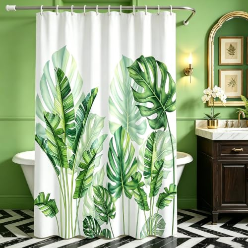 Lerores Duschvorhang 180x160 cm Grün Blätter, Beschwerter Saum Antischimmel Textil, Wasserabweisend, Waschbar Polyester Stoff Badevorhänge mit Ösen und 12 Duschvorhangringe für Badezimmer, Badewanne