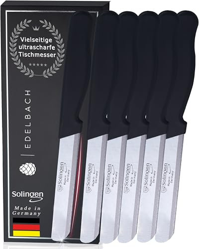 Edelbach Solingen Küchenmesser Set | Frühstücksmesser m. Feinschliff | Ultrascharf Messerset Made in Germany | Tafelmesser, Buttermesser, Brötchenmesser, Brotmesser, Messer Set (6x Schwarz)