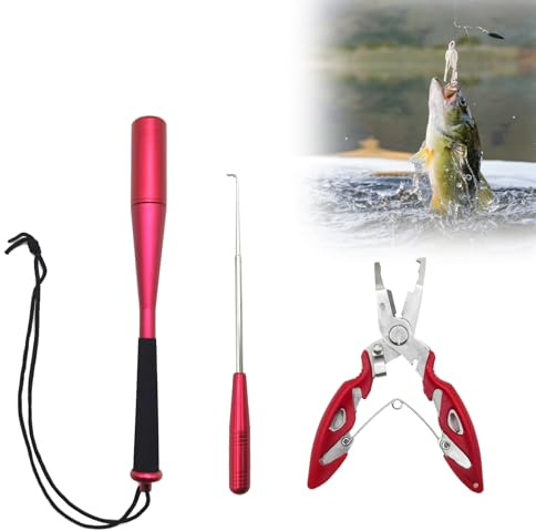 ZLFCypheria 3 stycken fiskdödare, fiske gripare och tångset, 24,5 cm aluminium fisk döttratt fiskbedövare, med fisketång fiskfälla fisk bedövare fisketillbehör (röd)