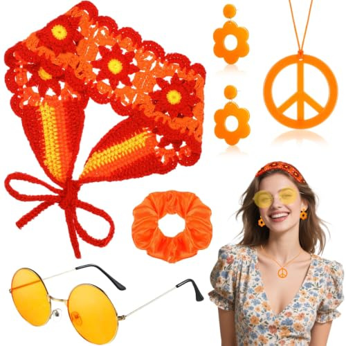 5 Stück Hippie Accessoires Set, Vintage Flower Power Kostüm Zubehör mit Knit Headband Hippie Brille Peace Kette Ohrringe Dickdarm Haarband für Damen Fasching Karneval 60er 70er 80er Jahre Mottoparty
