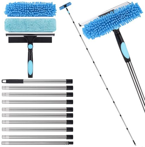 4.3m Pulitore per finestre estensibile, attrezzatura per la pulizia dei vetri delle finestre 2 in 1, strumento telescopico lungo per la pulizia dei vetri delle auto con 2 panni in microfibra e lama