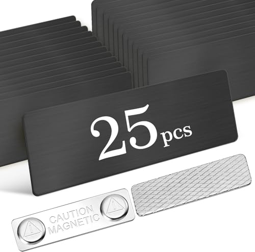 Blanko Magnetische Namensschilder 25 Stück, 1 x 7,6 cm Namensschilder für Kleidung, Edelstahl DIY Namensschilder mit starker magnetischer Rückseite, Schulbürobedarf, Schwarz
