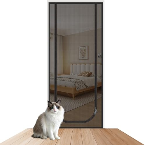 Calenxy Katzennetz für Balkon Katze, 90x210cm Haustiere Bildschirm Tür mit Reißverschluss Cat Screen Door, Balkon Fliegengitter Tür, Katze Mesh Tür Bildschirm für Wohnzimmer, Schlafzimmer, Küche