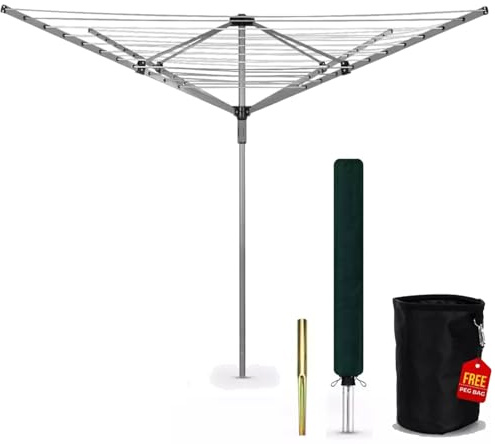 MEHRU Heavy Duty Rotary Washing Line Outdoor 4 Arm 60M Clothes Airer with Peg Bag Metal Ground Spike Waterproof Cover Foldable Garden Dryer Whirlygig Laundry Spinner Weatherproof Portable Drying Horse
