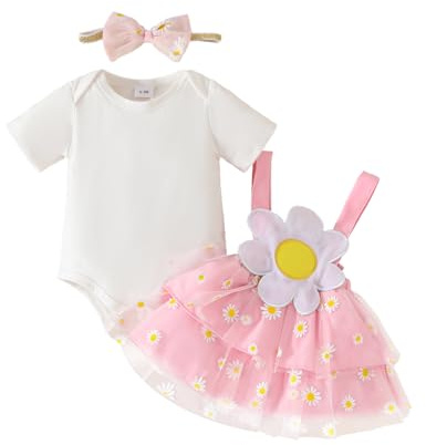 UUAISSO Vestiti per Neonata Top con Volant Gonne con Bretelle a Girasole e Fascia per Capelli Abiti Estivi Rosa 3-6 Mesi
