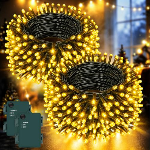 Dalugo [2 Stück Lichterkette Warmweiß, 5M 50 LED Kabel grün mit 6h Timer, IP65 Wasserdicht Batterie für Innen außen Weihnachtsdekorationen