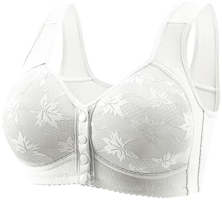 Non Wired Front Fastening Bras for Women UK Padded Soft Push Up Plus Size Comfortable Sports Support Lift Breathable Wire Free No Underwire Button Down Full Cup Bra White