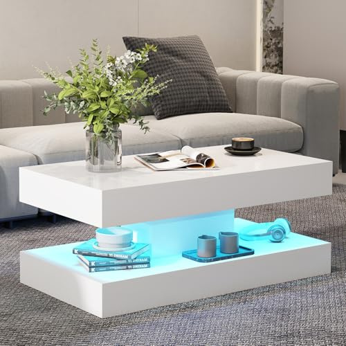 COSVALVE White Coffee Table for Living Room with 24 Colors LED Light, 2 Tier High Gloss Modern Centre Table Rectangle Tea Table for Home, Office Furniture