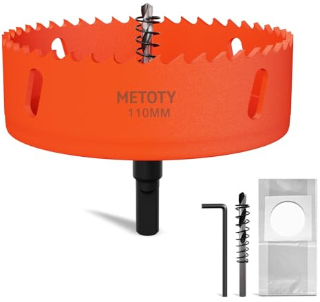 METOTY 110mm Bi-Metal Hole Saw,Universal HSS M42 Hole Saws,with Triangular Shaft Adapter and Centring Drill, One Free Dust Bag for Aluminum, Metals, Plastics, Acrylic Glass, Wood, Gypsum board