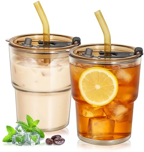 YupURStyle 13oz Glass Tumbler with Straw and Lid, Leakproof Sealable Travel Cup, 400ml Insulated Glass Cup for Iced Coffee, Tea, Juice, Water (Amber 2Packs)