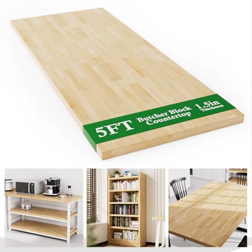 5FT Butcher Block Countertop Birch Solid Wood - 60 x 25 Table Top Butcher Block Cutting Board for Kitchen Island Living Dining Table Office Desk Workbench laundry Countertop Unfinished 1.5 Th