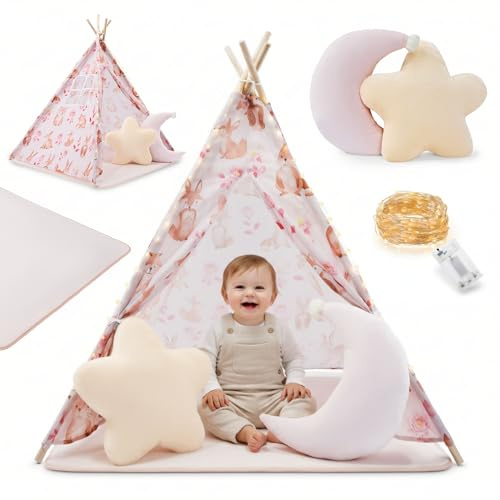 Mamabrum Tenda per bambini interna rosa con tappeto imbottito, cuscini e ghirlanda LED, capanna di gioco decorativa per camera da letto da 3 anni